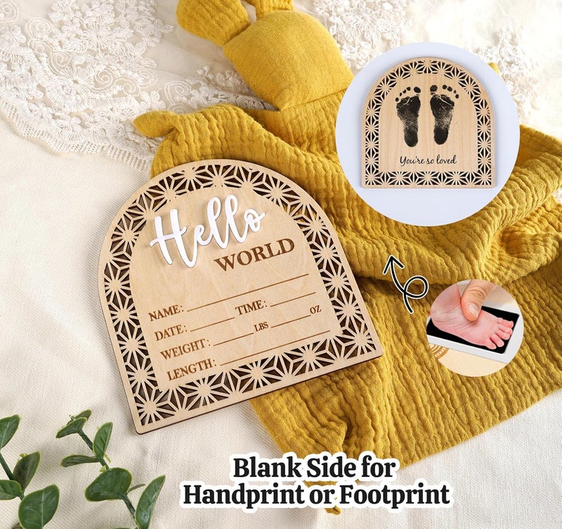 HOUISM Bleed Proof Engineered Wood, 5.5 Inch Wooden Birth Announcement Sign with Easel Stand, 3D Arcylic Hello Sign, Newborn Announcement Plaque for Girl Boy Photo Prop Baby Shower Nursery Hospital - Birch - Image 4